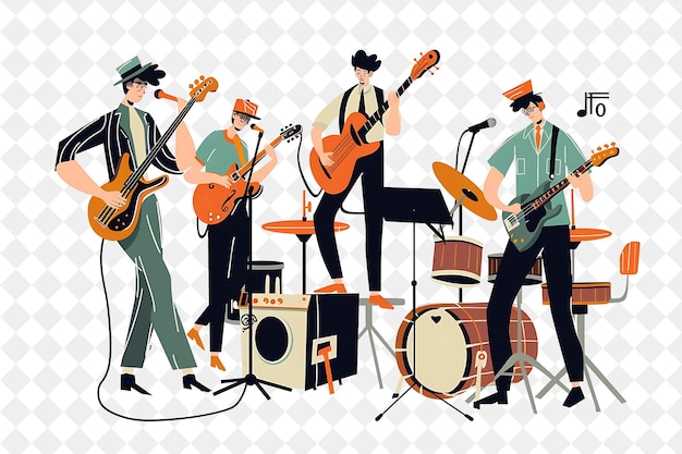 PSD vintage musician with characters playing instruments and com png people in daily work illustration