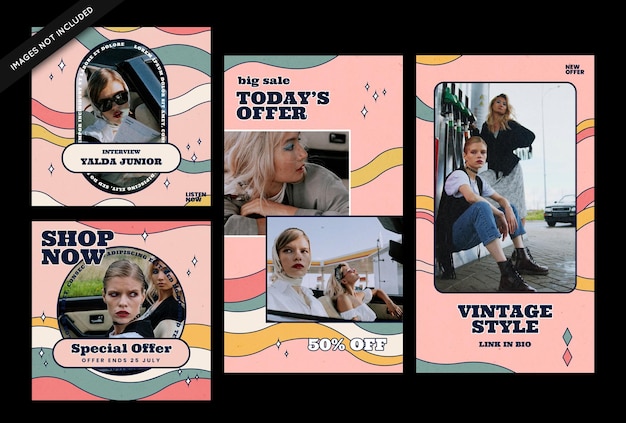 PSD vintage retro futuristic instagram stories and posts