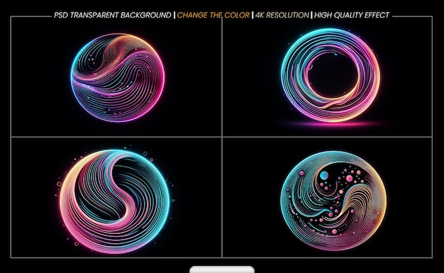 PSD violet neon color circles round curve shape with wavy dynamic lines on transparent background