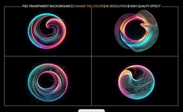 PSD violet neon color circles round curve shape with wavy dynamic lines on transparent background