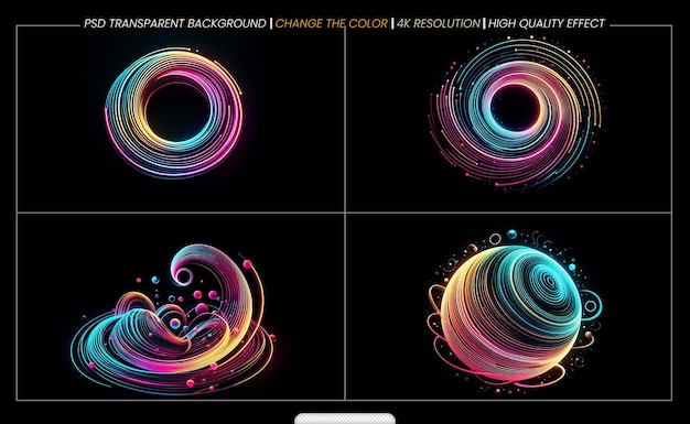 PSD violet neon color circles round curve shape with wavy dynamic lines on transparent background