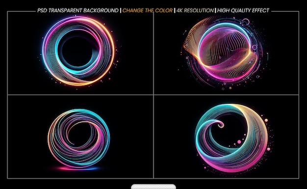 PSD violet neon color circles round curve shape with wavy dynamic lines on transparent background