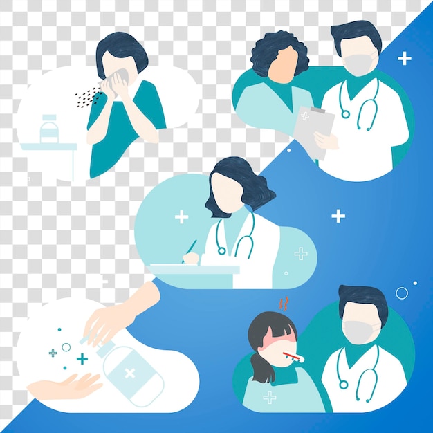 PSD virus symptoms and healthcare characters element set transparent png