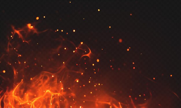 PSD vivid flames and glowing embers dynamic fire sparks on transparent background