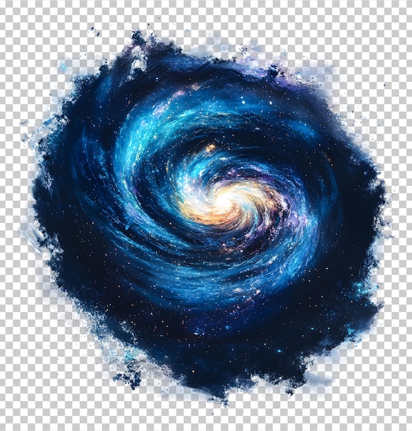 PSD vivid spiral galaxy in deep blue cosmic space with shining stars isolated on transparent background