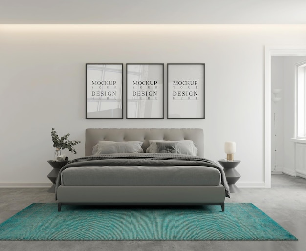 wall and poster mockup in modern monochromatic bedroom 3d Rendering