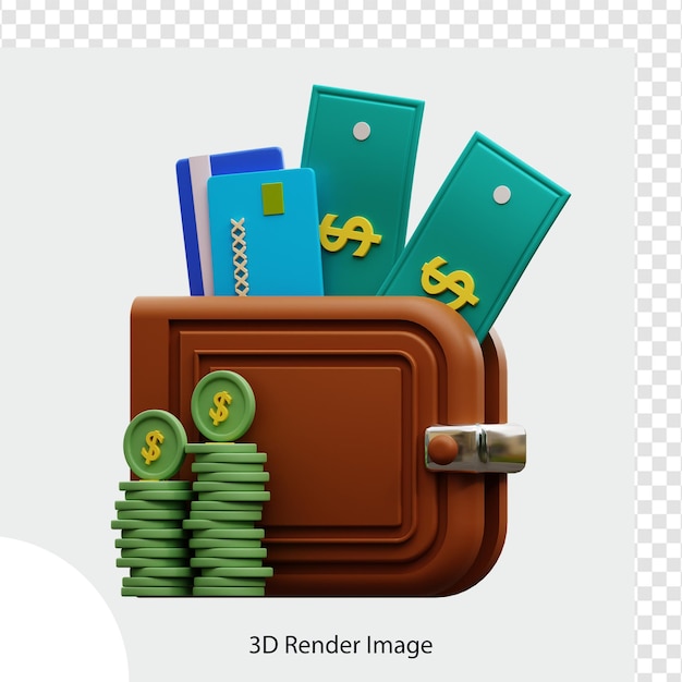 wallet with dollar coins and atm card 3d illustration