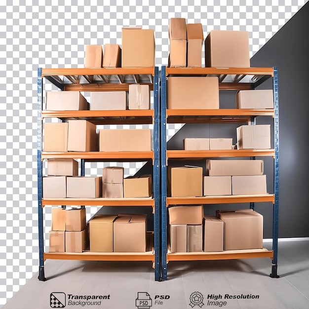 PSD warehouse racks and cardboard boxes isolated on transparent background