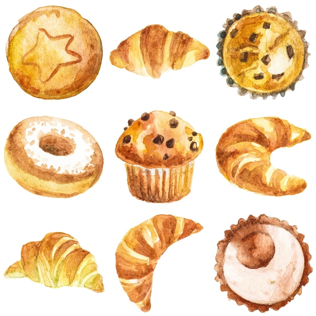 PSD watercolor painted sweet bakery clipart hand drawn elements isolated on transparent background