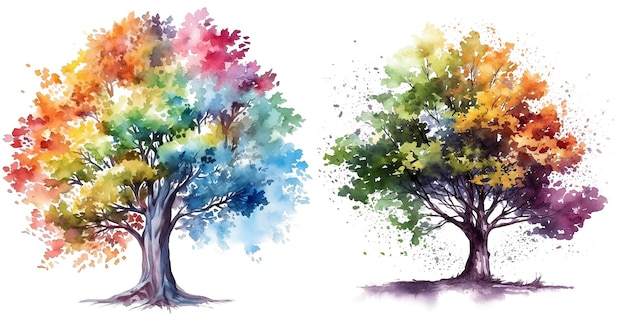 A watercolor painting of a tree with the colors of the rainbow.