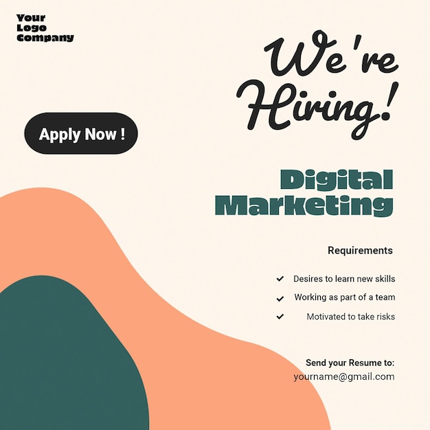 PSD we are hiring design concept with colorful half bloob hand drawn background for social media post