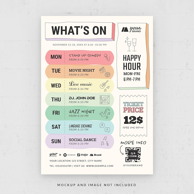 PSD what's on night club event schedule flyer template in psd rainbow theme