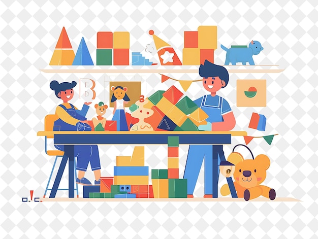 PSD whimsical toy maker with characters designing and building t png people in daily work illustration