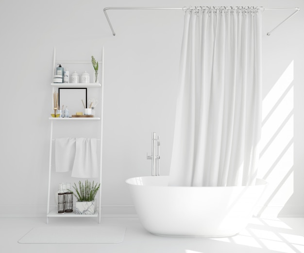 PSD white bathtub with curtain and shelf