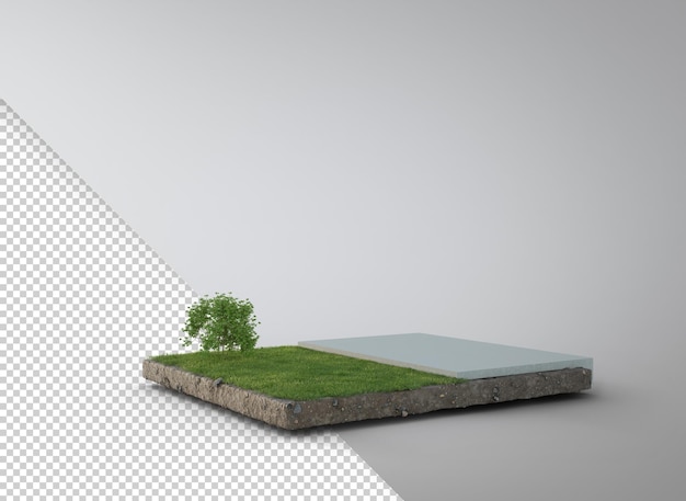 PSD white floor on earth and green grass in eco concept 3d illustration of soil podium