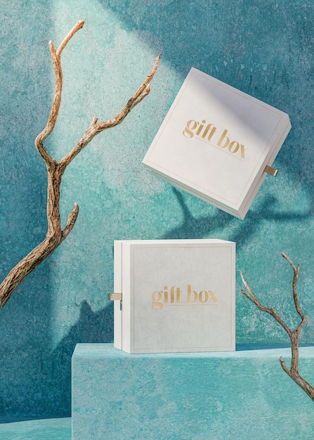 PSD white gift jewelry box mockup floating on blue tropical background for branding 3d render