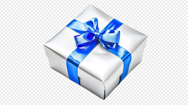 a white gift with a blue ribbon on a transparent background