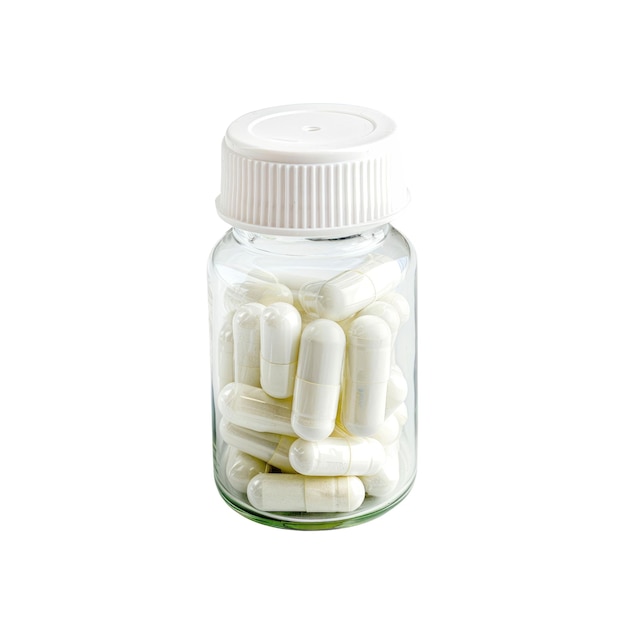 PSD white medicine or supplement capsules in a bottle isolated on a white background