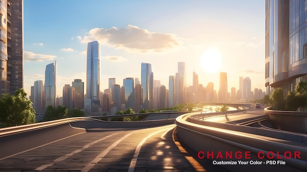 A winding asphalt highway stretches through a bustling city skyscrapers and a vibrant skyline