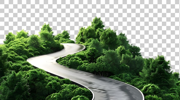 PSD winding road through lush green forest isolated on transparent background