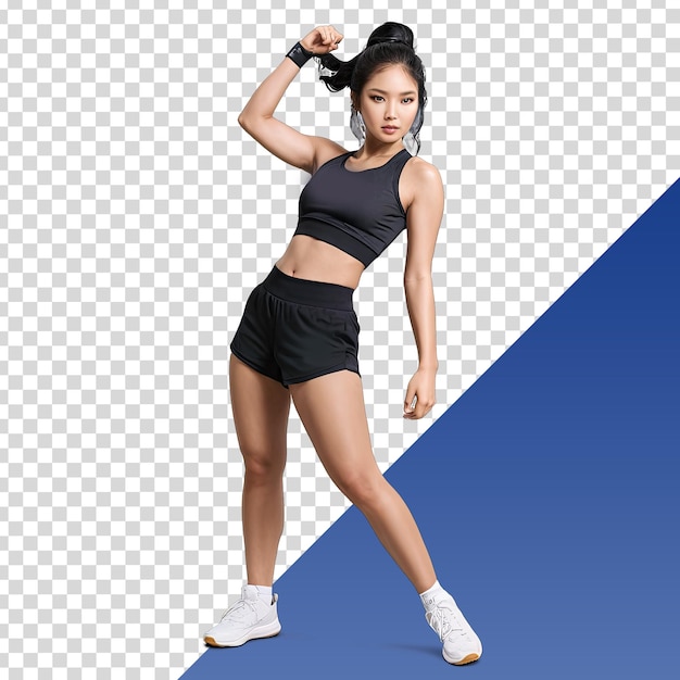 PSD a woman in a black athletic outfit is running with a blue background