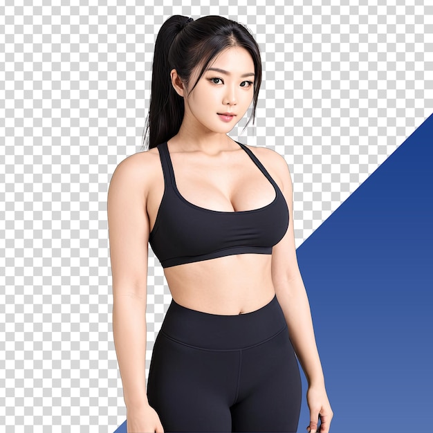 PSD a woman in a black athletic outfit stands in front of a blue background