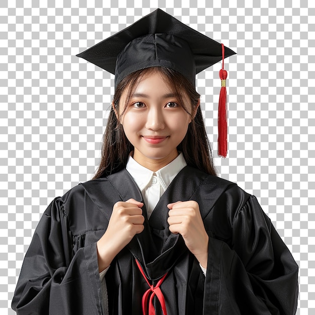 PSD a woman in a black graduation gown with a red tassel on the top of her hat