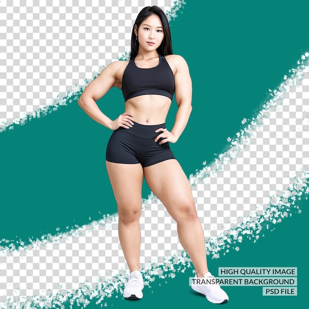 PSD a woman in a black sports bra stands in front of a green background with a white and black design