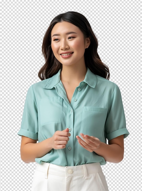 a woman in a blue shirt stands in front of a grid that says quot she is smiling quot