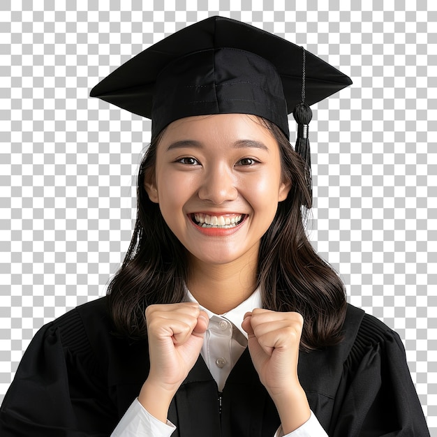 PSD a woman in a graduation cap and gown is smiling and holding her hands up