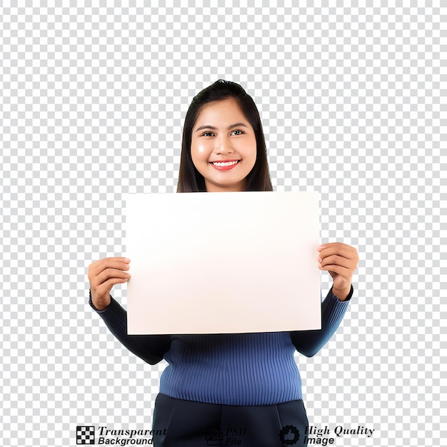 PSD woman hand holding blank paper isolated on transparent background