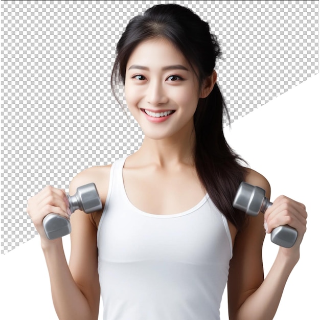 PSD a woman holding dumbbells with a white background behind her
