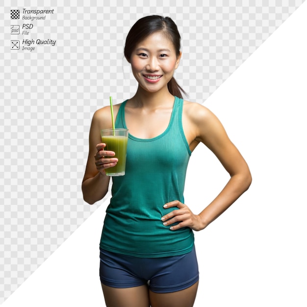 PSD woman holding green smoothie in fitness attire on transparent background