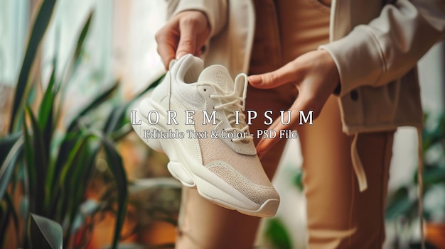 PSD woman holding stylish sport shoe indoors closeup