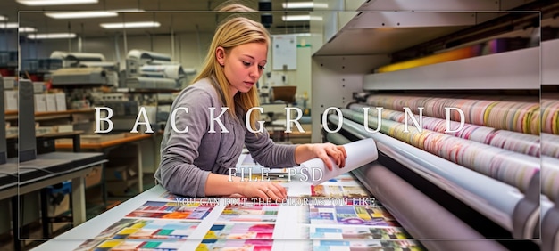 PSD woman inspecting printed color swatches