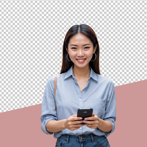 PSD a woman is holding a phone and smiling