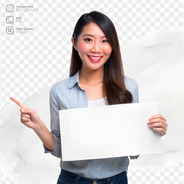 PSD a woman is holding a white sign and pointing to it