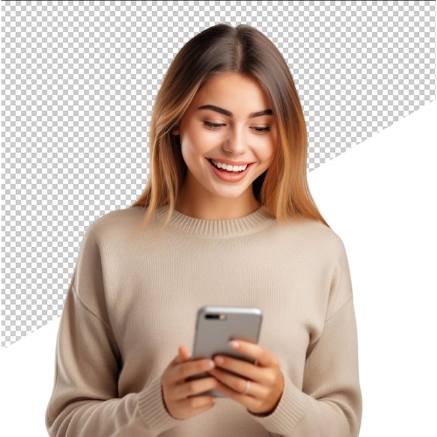 a woman is smiling and looking at a phone with a smile on her face