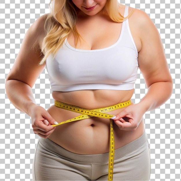 PSD woman measuring her belly fat with her hand on transparent background