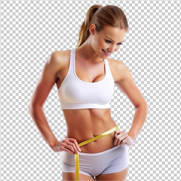 PSD woman measuring her hips on white background