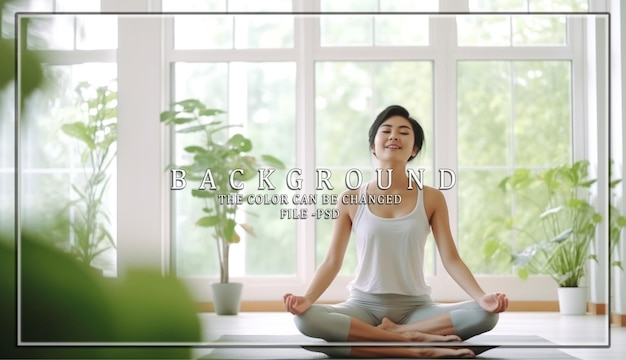 PSD woman meditating in a room with large windows