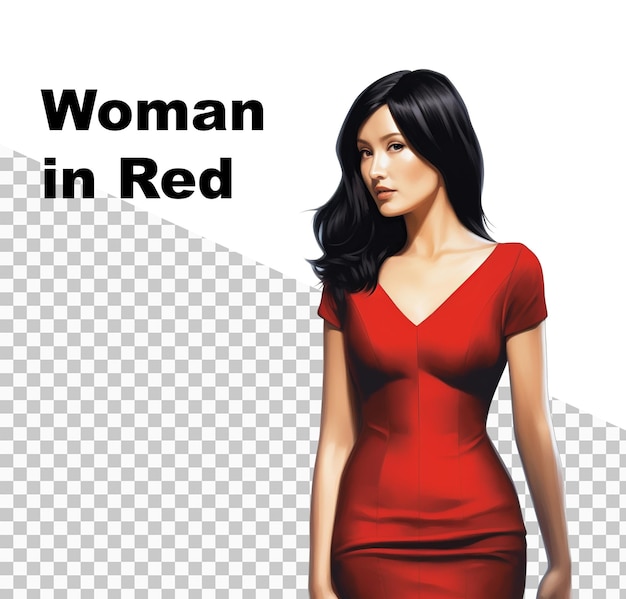 A woman in a red dress is standing in front of a text that says woman in red.