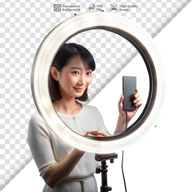 Woman setting up a ring light for a selfie