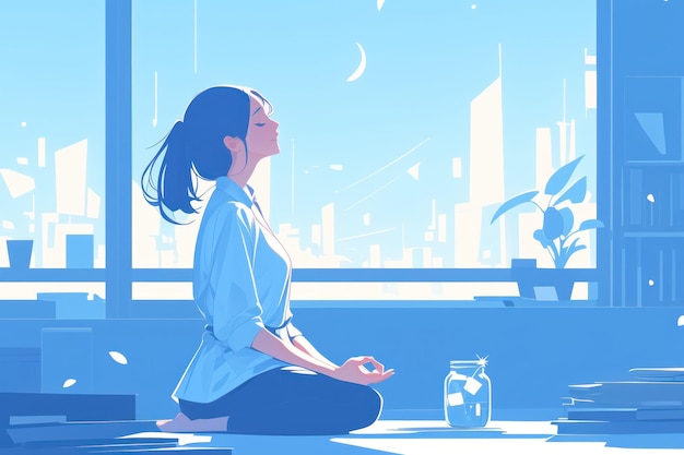 PSD a woman sits in a lotus position by a window meditating in a peaceful city setting with a glass jar of water and books behind her