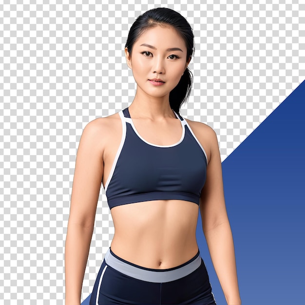 PSD a woman in a sports bra stands in front of a blue background