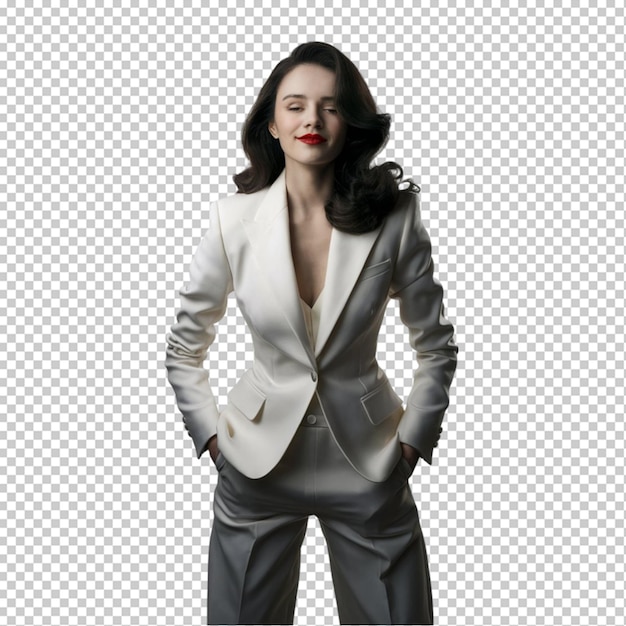 PSD a woman in a suit stands in front of a checkered background