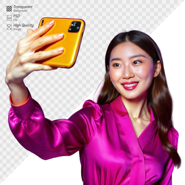 PSD woman taking a selfie with a smile on a transparent background