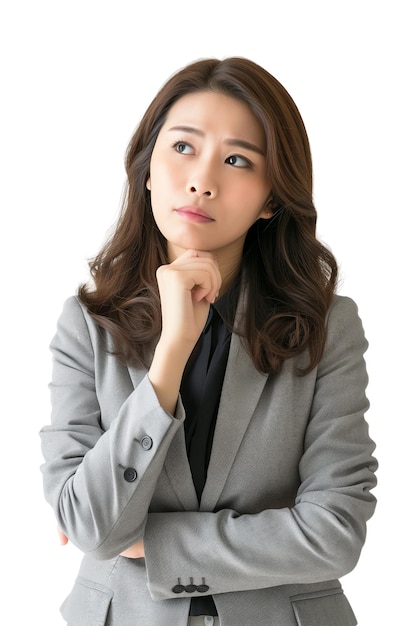 PSD woman thinking while looking updoubtful and hesitanttransparent backgroundpngclip art