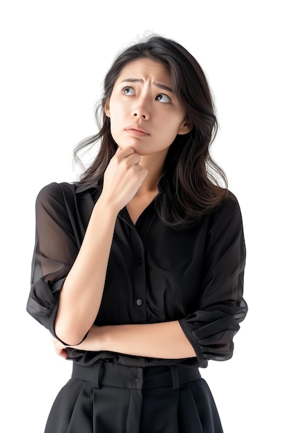 PSD woman thinking while looking updoubtful and hesitanttransparent backgroundpngclip art