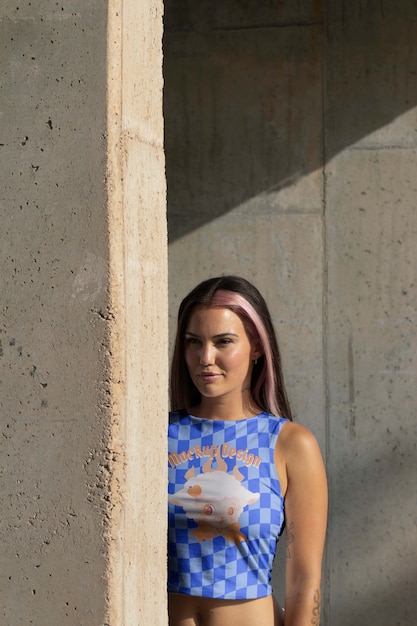 Woman wearing fashionable crop top mock-up